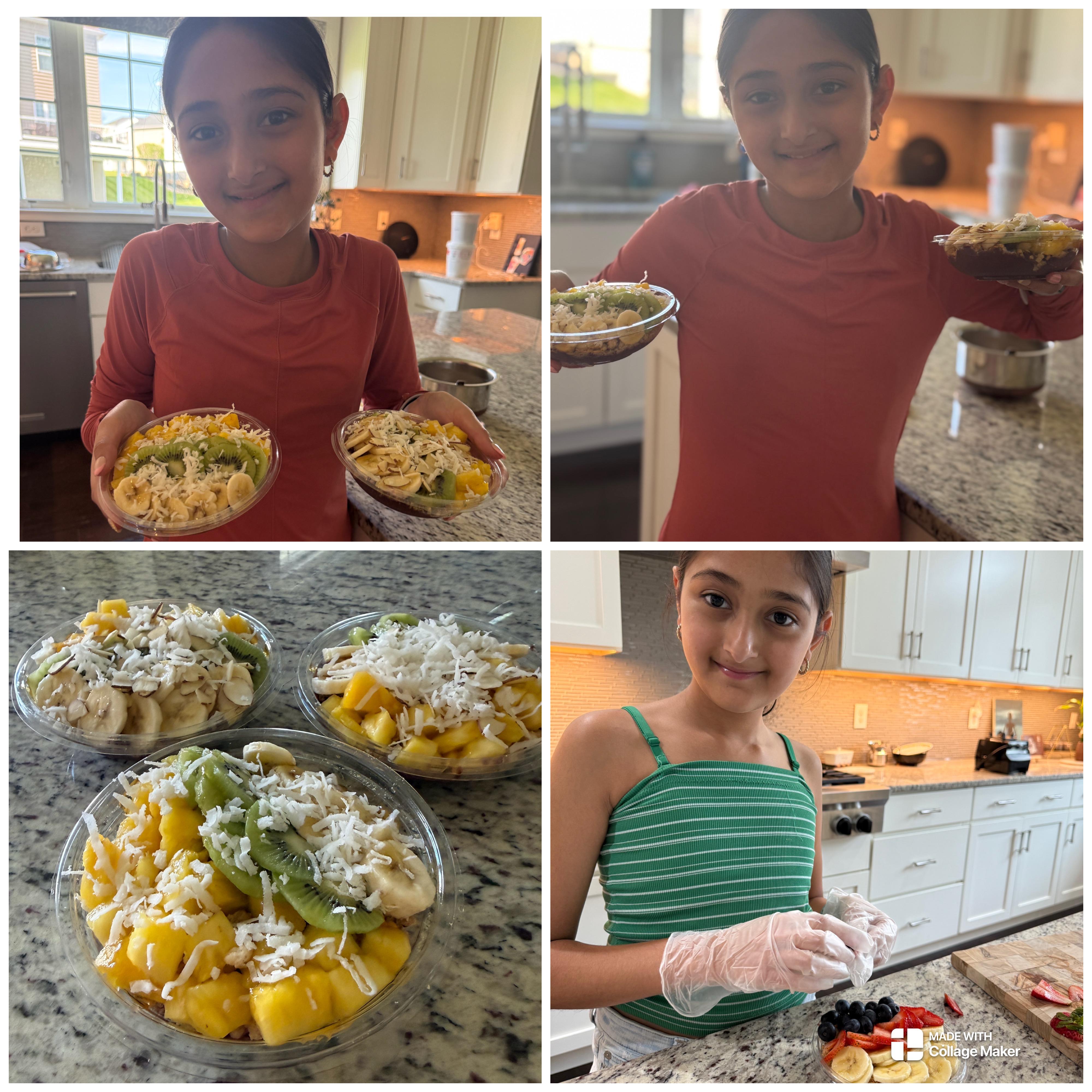 Collage of Arianna preparing and presenting her açaí bowls